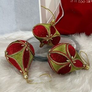 NEW Pottery Barn Classic Velvet Glitter Beaded Holiday Christmas Ornaments Set 3